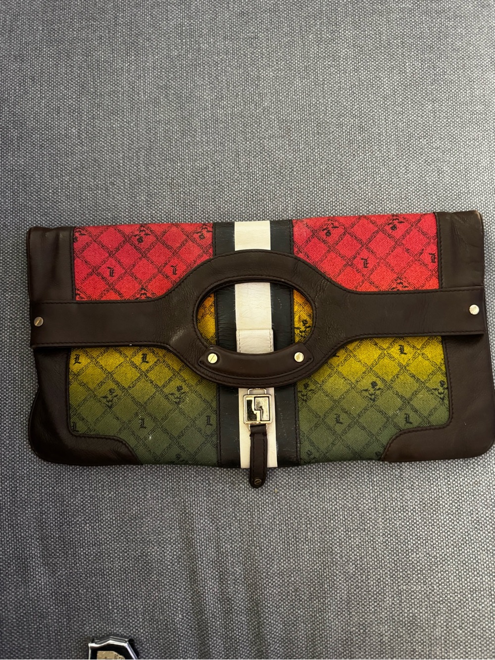 L.A.M.B. Brown Leather Clutch with Red and Yellow-Green Ombre Panels